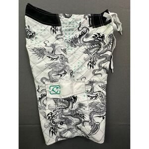 Carbon Men Dragon Print Board Shorts White Black Swim Trunks Cargo Pocket Size S